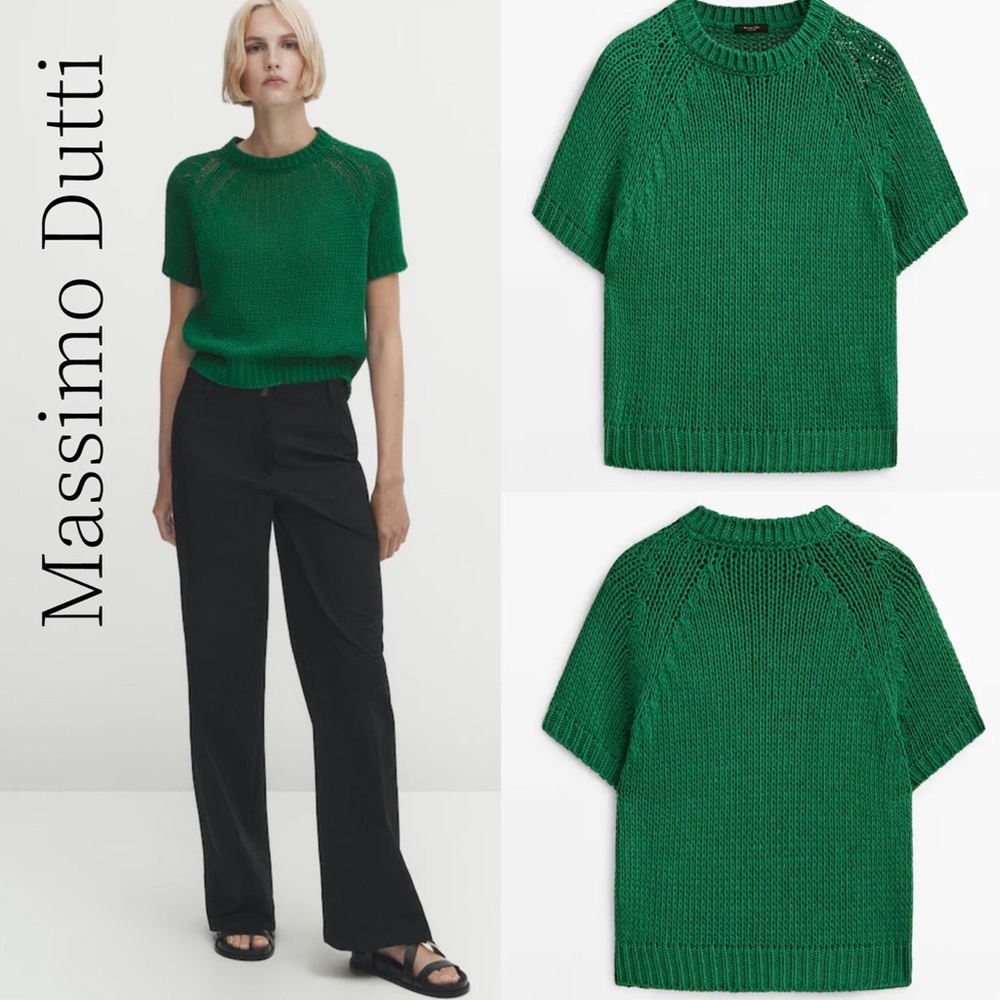 Massimo Dutti Green Short Sleeve Knit Sweater